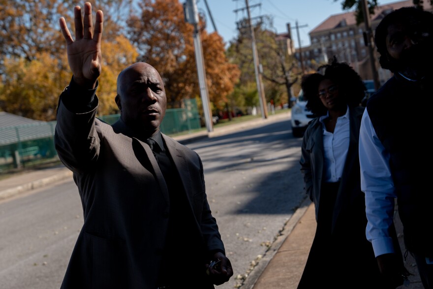 Square Watson, St. Louis Public Schools Chief Operations Officer, points out tornado damage at Sumner High School on Wednesday, Nov. 5, 2025, in north St. Louis.