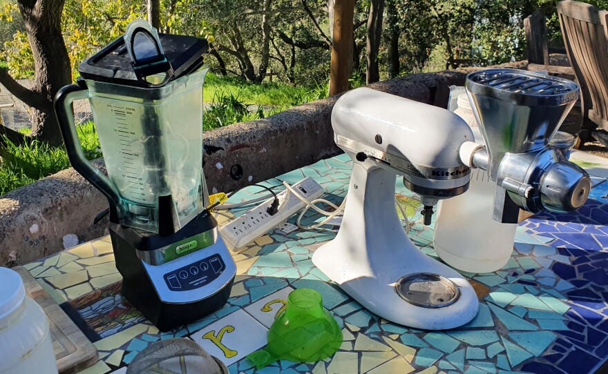 The equipment to process the acorns into flour: A blender to break them up, and then a flour mill to produce the fine powder.