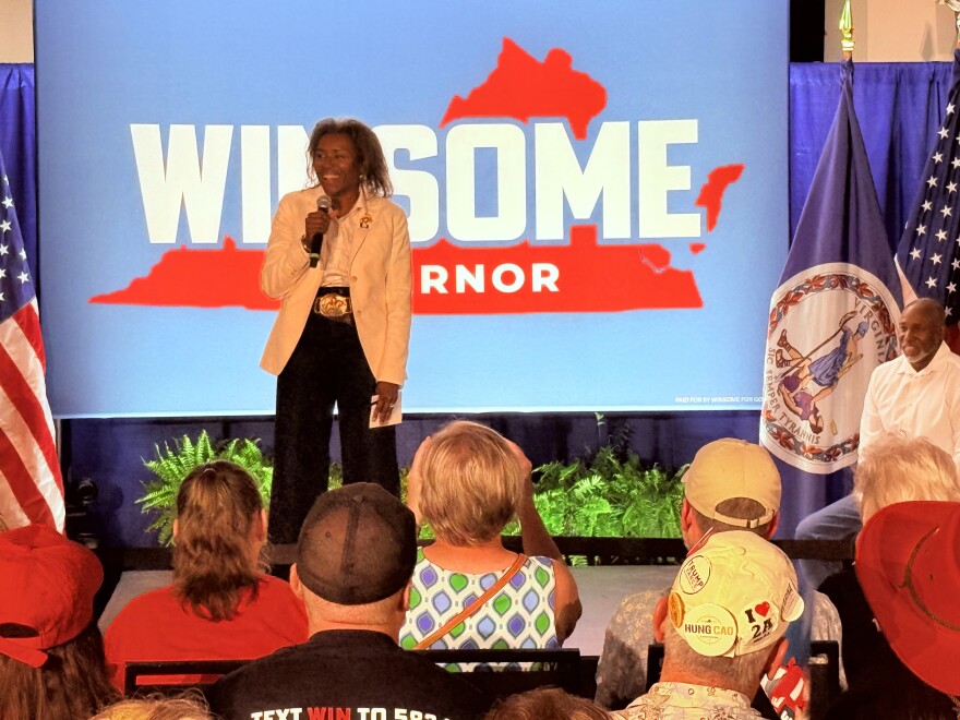 Republican candidates for governor, Winsome Earle-Sears, speaks at a campaign appearance.