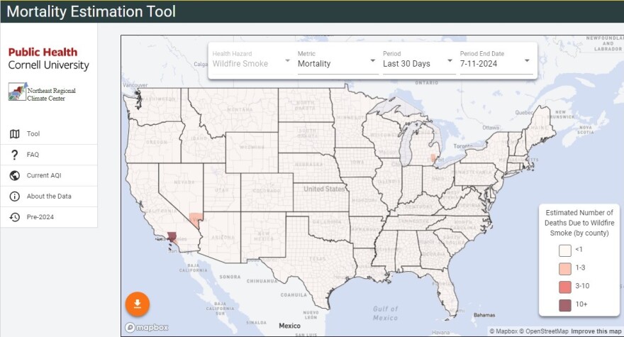 The wildfire smoke mortality dashboard from Cornell University features an interactive map of the United States