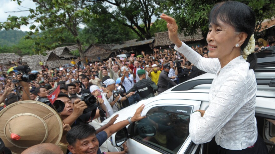 Myanmar's Aung San Suu Kyi is heading to Europe for the first time in more than two decades and will be giving a series of high-profile speeches She's shown here on June 2 meeting with Myanmarese refugees who are living in camps in Thailand.