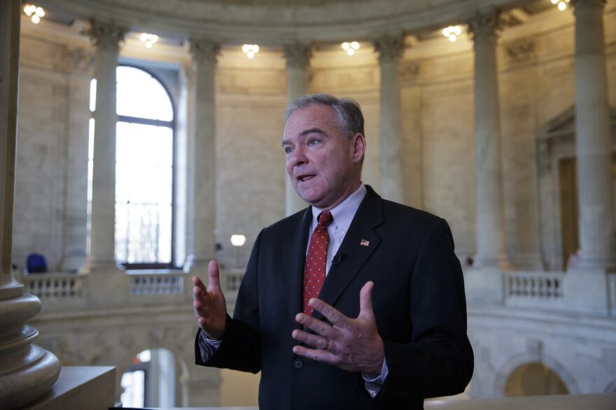 Sen. Tim Kaine, D-Va., speaks during a television news interview on Capitol Hill in Washington, Wednesday, April 5, 2017. (J. Scott Applewhite/AP)