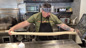 Preparing the bulk noodle dough - just flour, water and salt