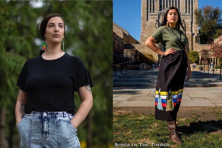 Sierra Clark stands in black shirt and denim skirt with background of trees and Meghanlata stands with a green shirt and black skirt with traditional embroidery in front of building