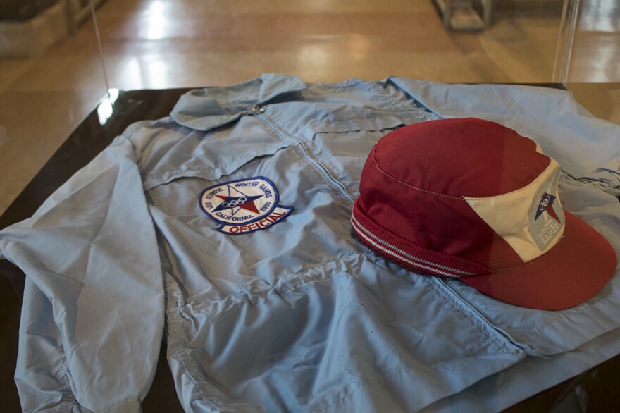 Part of a uniform worn by an official at the games rests inside a glass case at the Truckee Community Recreation Center.