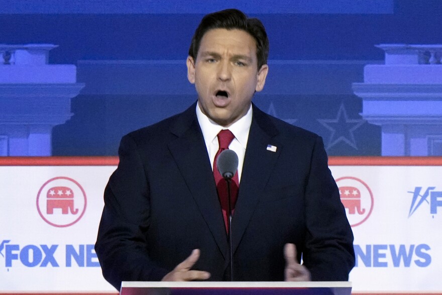 FILE - Republican presidential candidate Florida Gov. Ron DeSantis speaks during a Republican presidential primary debate hosted by FOX News Channel, Aug. 23, 2023, in Milwaukee. 