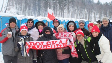 Chicago residents gather to cheer on the Polish Ski team at the Pine Mountain Continental Cup held at Pine Mountain Resort in Iron Mountain Michigan Saturday February 21, 2026.