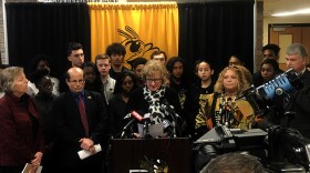 Fran Rabinowitz, the president of the Connecticut Association of Public School Superintendents, called for changes to gun legislation Thursday at East Hartford High School. She was supported by student leadership at the school.