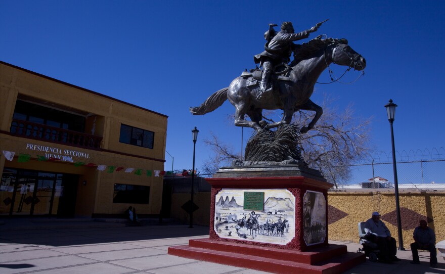 A statue of Pancho Villa in front of the municipal building in Palomas, Mexico.