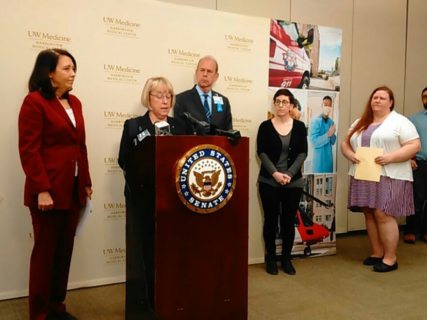 At a news conference at Harborview Medical Center, Sen. Patty Murray says 'Trumpcare is headed straight to a dead end in the Senate.' With her are Sen. Maria Cantwell (left) and Harborview chief Paul Hayes.