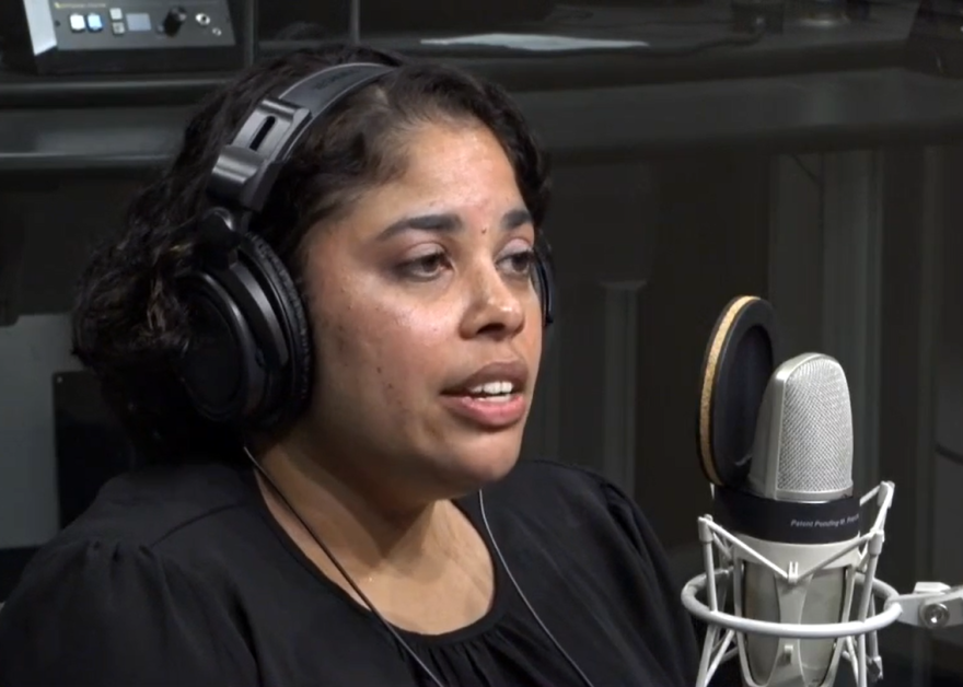 Jennifer Adair in a radio studeio 
