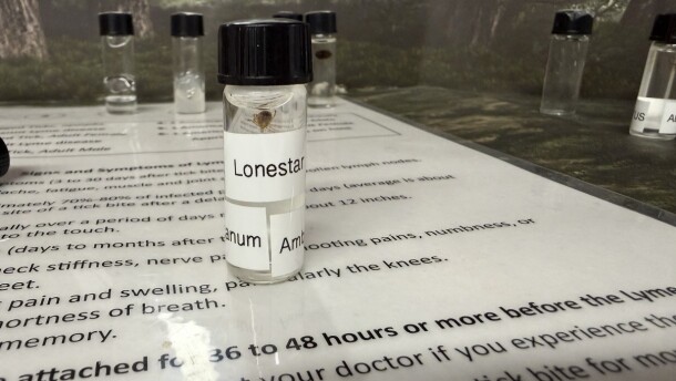 A small clear vial filled with a clear liquid is seen sitting on a white piece of paper that has typed words on it. Inside the vial, a red tick is suspended in the liquid. The vial has a label that reads "lonestar". Behind the vial, other vials can be seen lined up against a forest backdrop.