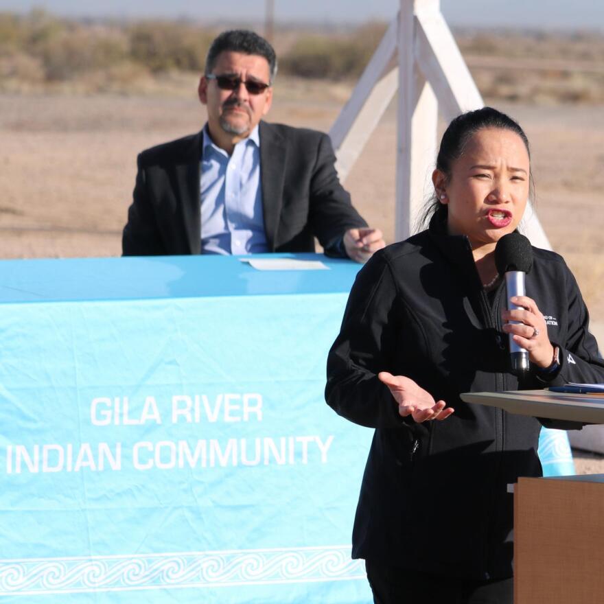 Bureau of Reclamation Commissioner Camille Touton talks as Assistant Secretary of the U.S. Army Corps of Engineers Michael Connor sits behind her in December 2023.