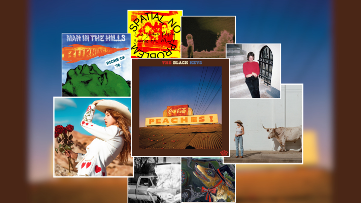 A collage of nine squares with artwork for new music in each of them, set over a blurry blue and brown background. In the middle is the biggest square, inside is an old sign that says "peaches." Other squares have a woman in a white coat and cowboy hat holding red roses, a woman and a bull standing against a white wall, a painting of a green face and blue sky, a man in a red shirt leaning on a white staircase, a black and white photo of a bearded man over a white pickup truck, a painting of a fox in a tophat, a brown sepia photo of a woman and treeline, and a yellow and red outline of a group of of people. 