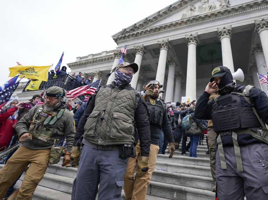Members of the Oath Keepers on the East Front of the U.S. Capitol on Jan. 6, 2021, in Washington.