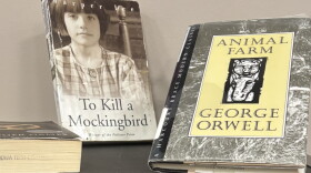 A display of notable books that have been banned is shown as part of National Banned Books Week events at WITCC in Sioux City on October 8, 2026. (Bret Hayworth, Siouxland Public Media News)