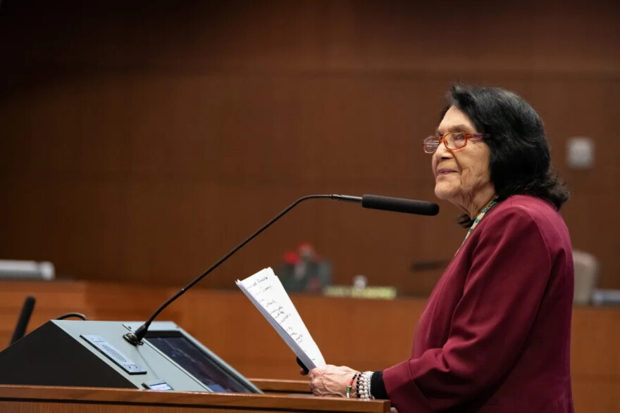 Dolores Huerta speaks in favor of moving elections to November during public comment at the City Council Chambers on Thursday, Dec. 18, 2025 in San Antonio.