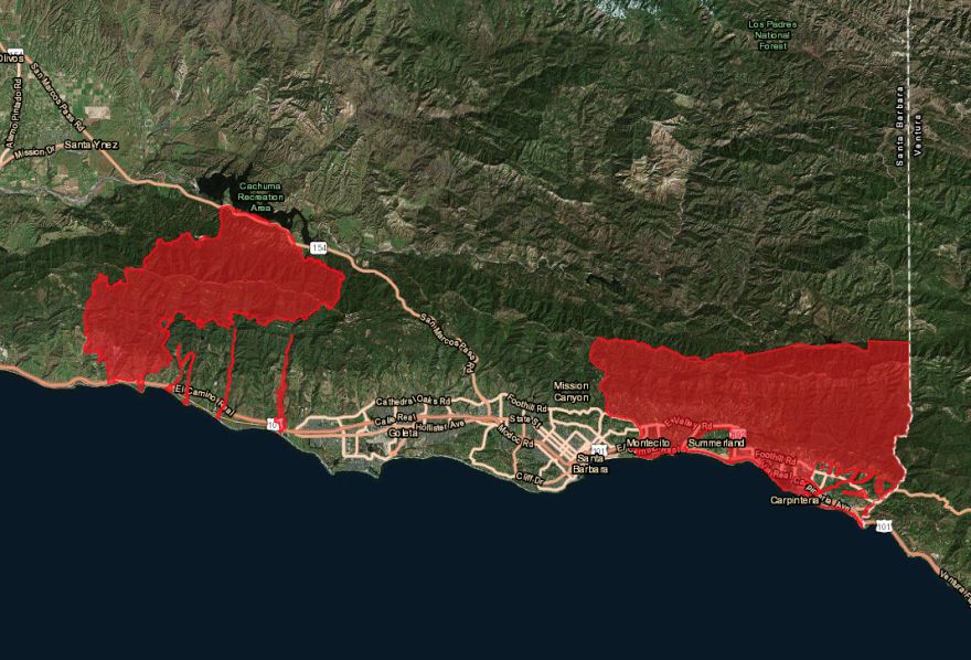 A map of evacuation orders during the Montecito debris flow in 2018.