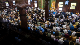 Men offer Eid prayers at the Al-Noor Masjid Islamic Center in Houston on April 21, 2023.
