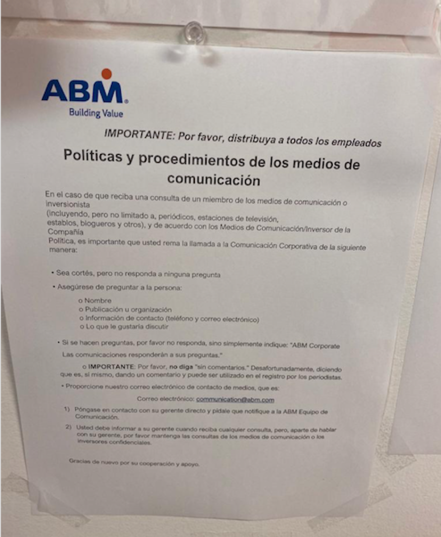 A notice distributed to University of Miami subcontracted employees instructs them not to talk to the media and instructs any questions to be directed to ABM Corporate Communications.