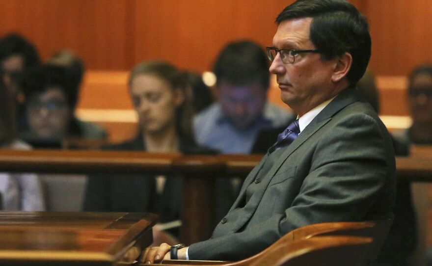 Judge Thomas Estes listens as his attorney addresses the court on Tuesday, April 24, 2018, in Boston.