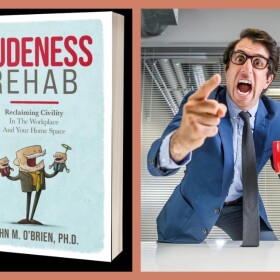 Book cover of Rudeness Rehab with cartoon figure; man pointing angrily at someone with mouth open
