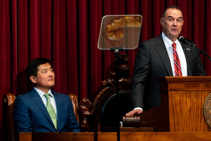House Speaker Jon Patterson, R-Lee's Summit, watches as Gov. Mike Kehoe gives his inaugural State of the State address in January at the Missouri Capitol in Jefferson City. Kehoe would need to call the legislature into session in order to redraw the state's congressional map.