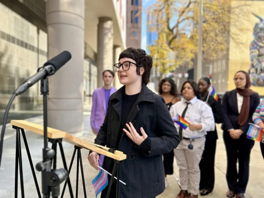 Adrian Moore, a student at Morton Ranch High School in Katy, speaks against Senate Bill 12, a new Texas law prohibiting student clubs based on sexual orientation, outside a federal courthouse in Houston on Thursday, Dec. 18, 2025.