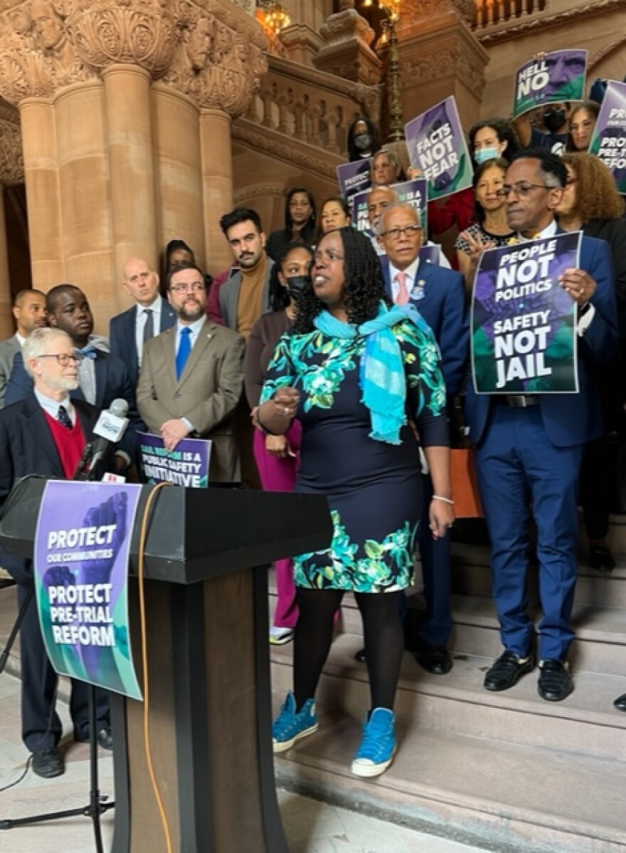 Assemblymember Latrice Walker speaks at a rally opposing Gov Kathy Hochul's bail refrom law changes, on March 21, 2022