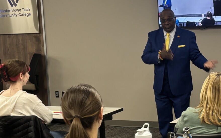 Terry Lindsay, one of three finalists for the Western Iowa Tech Community College president position, spoke with students and staff in many on April 10, 2026. (Bret Hayworth, Siouxland Public Media News)
