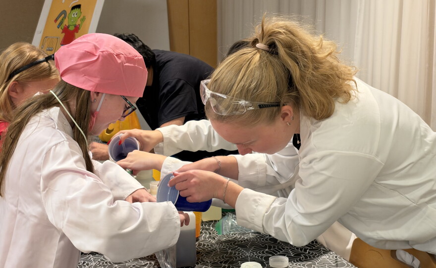 Laura Nemeth, a third-year pre-professional physician assistant student at King's College, helps Olivia Blaum, 10, of Bear Creek, with a hands-on science activity.