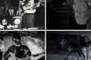 Four men play music in a dark basement.
