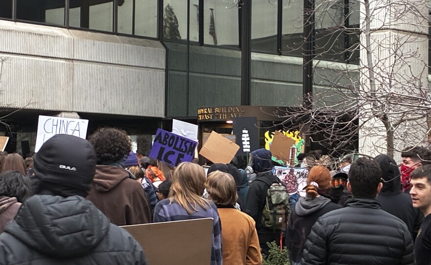Protesters crowded against the entrance to the federal building in Eugene on Friday, Jan. 30, 2026.