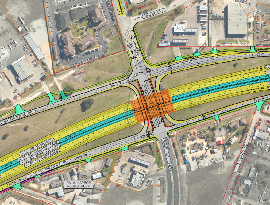 A schematic map showing Grand Avenue Parkway and I-35 intersection with changes including new lanes, turnarounds and managed lanes.
