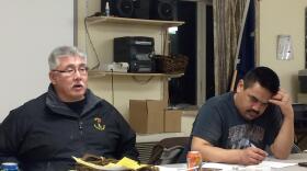 Bethel Search and Rescue President Mike Riley and Vice President Fritz Charles address BSAR members at a regular meeting on February 2, 2017. (Photo: Anna Rose MacArthur/KYUK)
