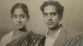 Black and white photo of a newly married South Indian couple