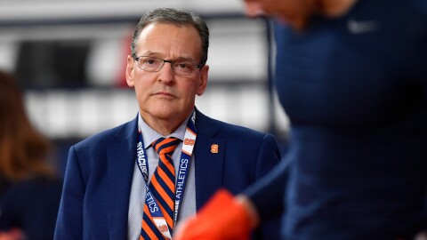 FILE - Syracuse Director of Athletics John Wildhack before an NCAA college football game against Wake Forest in Syracuse, N.Y., Nov. 25, 2023. (AP Photo/Adrian Kraus, File)