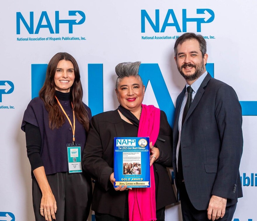 Erika Macias, president and publisher of Hola America Media Group, holds her gold award for JEFAS Magazine at the National Association of Hispanic Publications convention in San Diego, held Nov. 12-14, 2025.