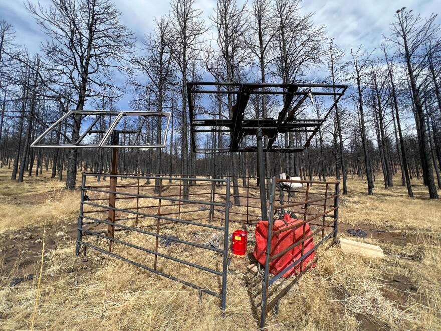 Blackened metal frames are all that’s left of the solar panels that powered water pumps serving Max Garcia’s farm in Rociada, New Mexico. Garcia stayed behind the fire line and teamed up with neighbors to protect their properties from the wildfire. He and several others saved their houses.