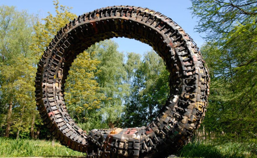 This rainbow serpent was built from recycled gasoline cans by Romuald Hazoume, an artist from Benin.