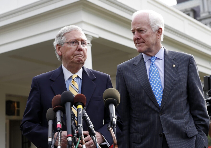 Senate Majority Leader Mitch McConnell of Ky., left, and Senate Majority Whip Sen. John Cornyn, R-Texas, speak with the media after they and other Senate Republicans had a meeting with President Trump at the White House, Tuesday, June 27, 2017, in Washington. (Alex Brandon/AP)