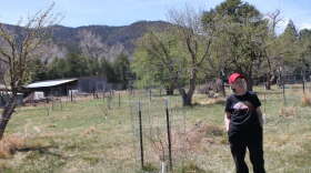 Cinde McPhail stands next to a Walbridge apple sapling in March 2026, with a Jonathan apple tree behind her.