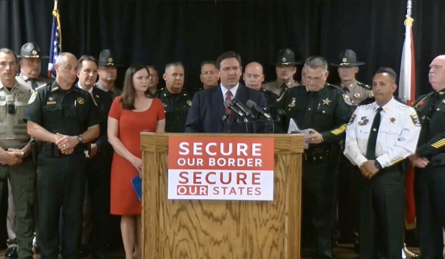 Gov. Ron DeSantis announces Florida's assistance with border patrol at a press conference in Pensacola Wednesday.