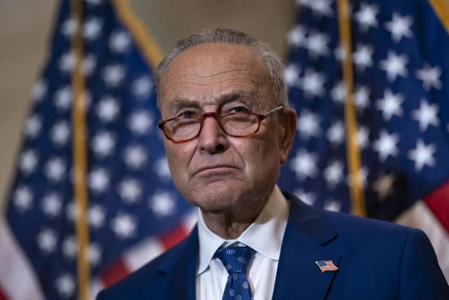 Senate Majority Leader Chuck Schumer, D-N.Y., speaks with reporters at the Capitol in Washington on June 22, 2022.