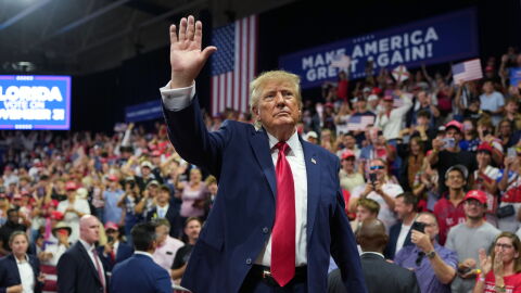 President Donald Trump waves at a campaign rally at Alico Arena on the campus of Florida Gulf Coast University, Friday, Oct. 23, 2026, in Fort Myers, Fla. (AP Photo/Mark Schiefelbein)