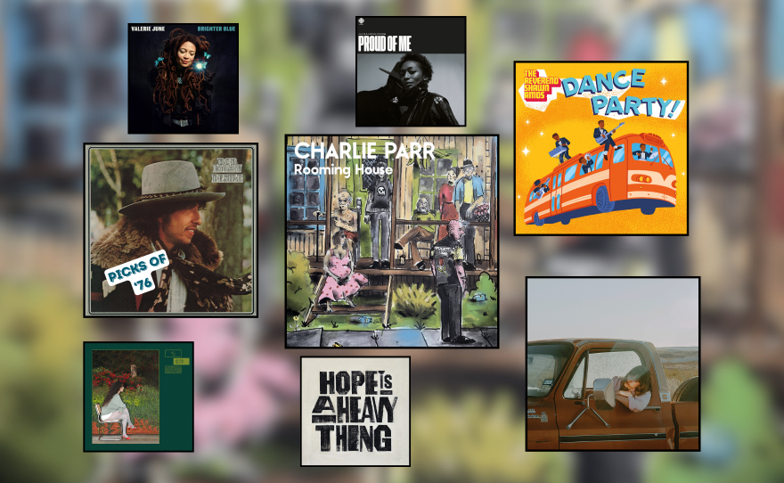 Artwork for eight music releases displayed in black square frames. Four are album covers in larger squares and four are singles in smaller squares.