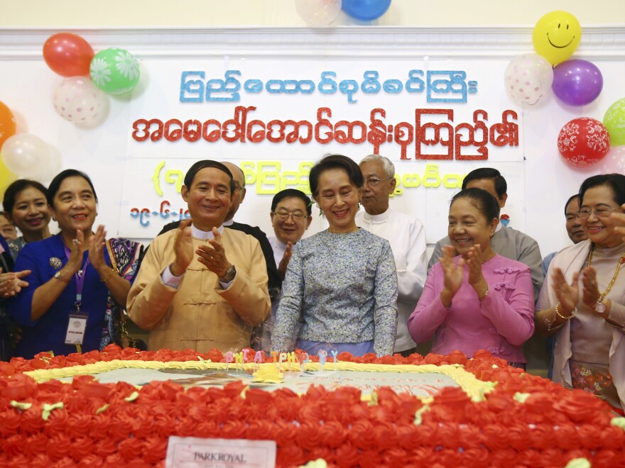 Aung San Suu Kyi celebrated her 73rd birthday with members of her National League for Democracy party at the parliament building in Naypyitaw, Myanmar on Tuesday.