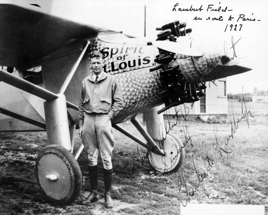 Charles Lindbergh signed this photograph for Albert Bond Lambert. The photo was taken on May 11, 1927, when Lindbergh stopped at Lambert Field on his way from San Diego to New York, where he would begin