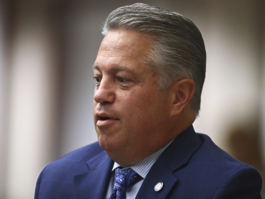 Rep. Chip LaMarca, R-Lighthouse Point listens Monday, Feb. 6, 2023 at the Capitol in Tallahassee, Fla. Florida legislators are meeting in a two-week special session to take up a list of issues proposed by Gov. Ron DeSantis. (AP Photo/Phil Sears)