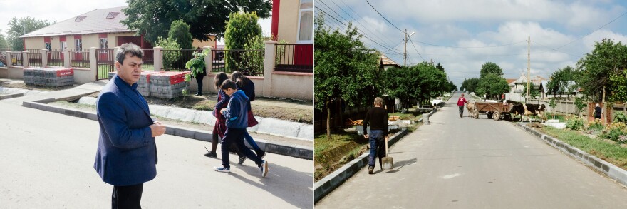 Ion Aliman, the mayor of Deveselu, Romania (left). Behind him, students walk toward a school rebuilt with U.S. funding. In the photo on the right, roadwork takes place in advance of last week's ceremony inaugurating a U.S. Navy facility just outside the town.